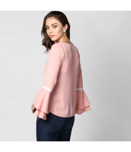 Generic Women's Polyester Solid Bell Sleeve Top (Pink)
