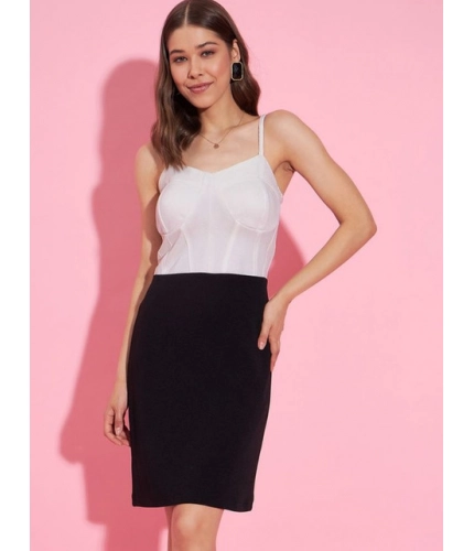 Generic Women's Polyester Lycra Color Blocking Shoulder Straps Dress (White - Black)