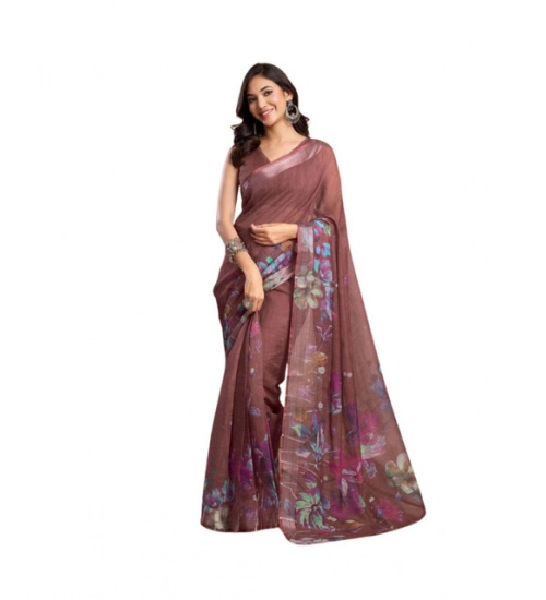 Generic Women's Faux_Linen Printed Ready-to-Wear Saree With Unstitched Blouse 5.5 Mtr (Brown)