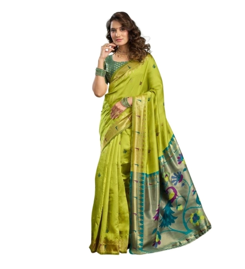 Generic Women's Silk Blend Woven Saree With Unstitched Blouse 5.5 Mtr (Lime)