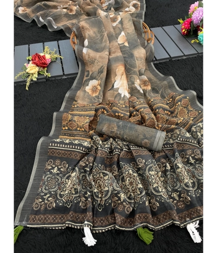 Generic Women's Linen Cotton  Printed Saree With Unstitched Blouse 5.5Mtr (Beige)