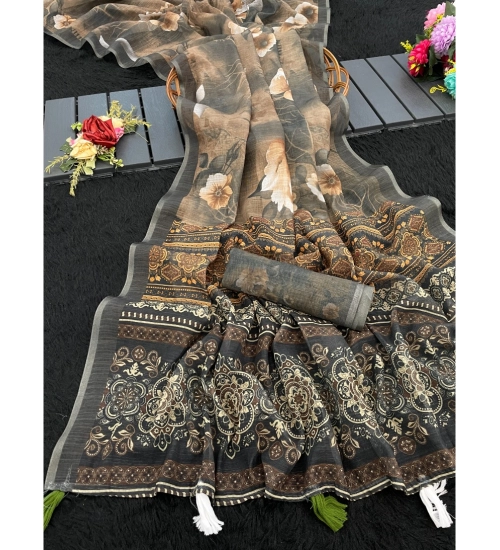 Generic Women's Linen Cotton  Printed Saree With Unstitched Blouse 5.5Mtr (Beige)