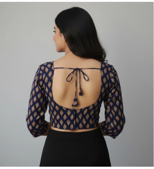 Generic Women's Ajrakh Cotton Printed Halter Neck Padded Blouse (Navy 38 Ready (Self Alterable 36–40)