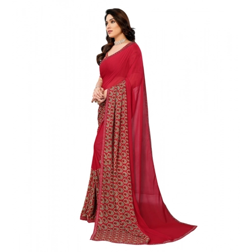 Women's Georgette Printed Saree With Unstitched Blouse 5.5Mtr (Red)