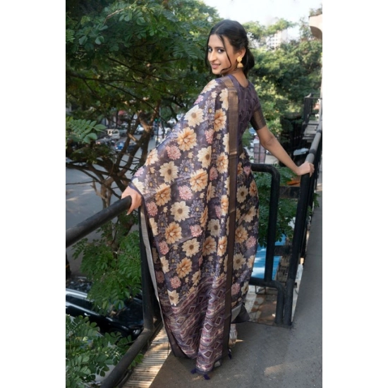 Generic Women's Polyester Printed Saree With Unstitched Blouse 5.5 Mtr (Purple)