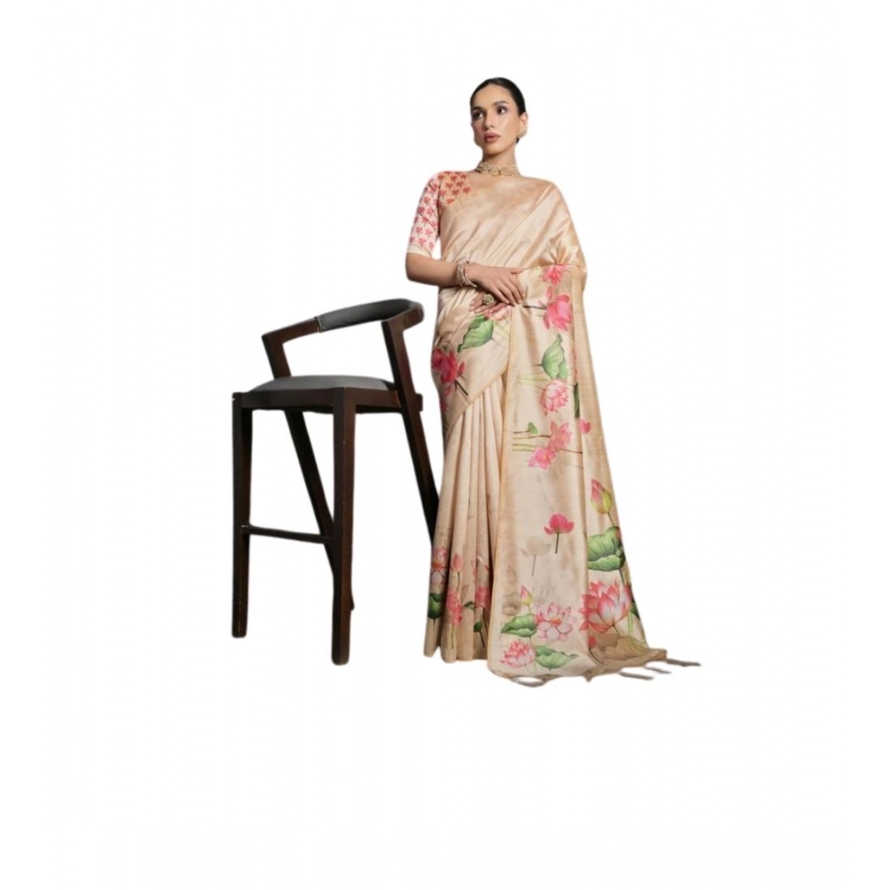 Generic Women's Cotton Printed Saree With Unstitched Blouse 5.5 Mtr (Beige)
