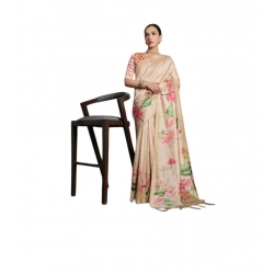 Generic Women's Cotton Printed Saree With Unstitched Blouse 5.5 Mtr (Beige)