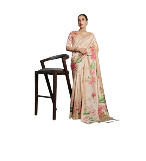 Generic Women's Cotton Printed Saree With Unstitched Blouse 5.5 Mtr (Beige)