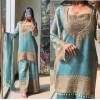 Generic Women's Silk Embroidered 3/4th Sleeve Round Kurti With Sharara Pant and Dupatta Set (Sea Green)