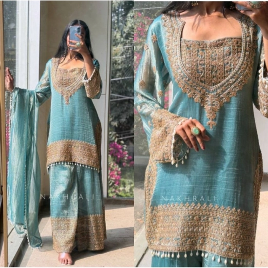 Generic Women's Silk Embroidered 3/4th Sleeve Round Kurti With Sharara Pant and Dupatta Set (Sea Green)