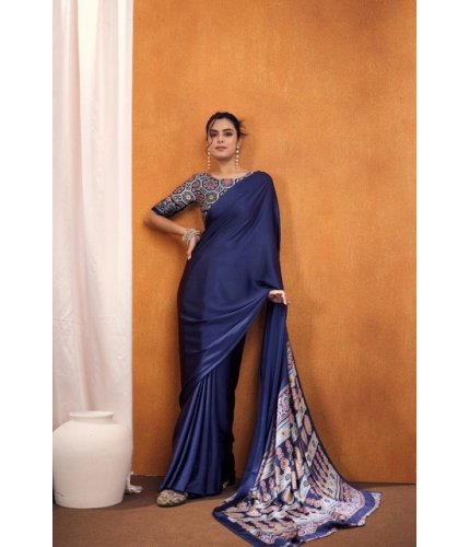 Generic Women's Satin Crepe Printed Saree With Unstitched Blouse 5.5Mtr (Navy Blue)