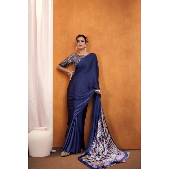 Generic Women's Satin Crepe Printed Saree With Unstitched Blouse 5.5Mtr (Navy Blue) Generic Women's Satin Crepe Printed Saree With Unstitched Blouse 5.5Mtr (Navy Blue)