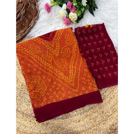Generic Women's Georgette Bandhani Printed Saree With Unstitched Blouse 5.5Mtr (Orange-Maroon)