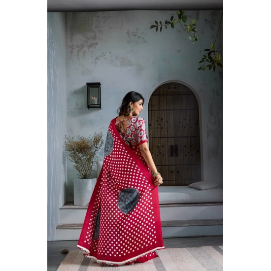 Women's Satin Crepe Printed Saree With Unstitched Blouse 5.5Mtr (Red)