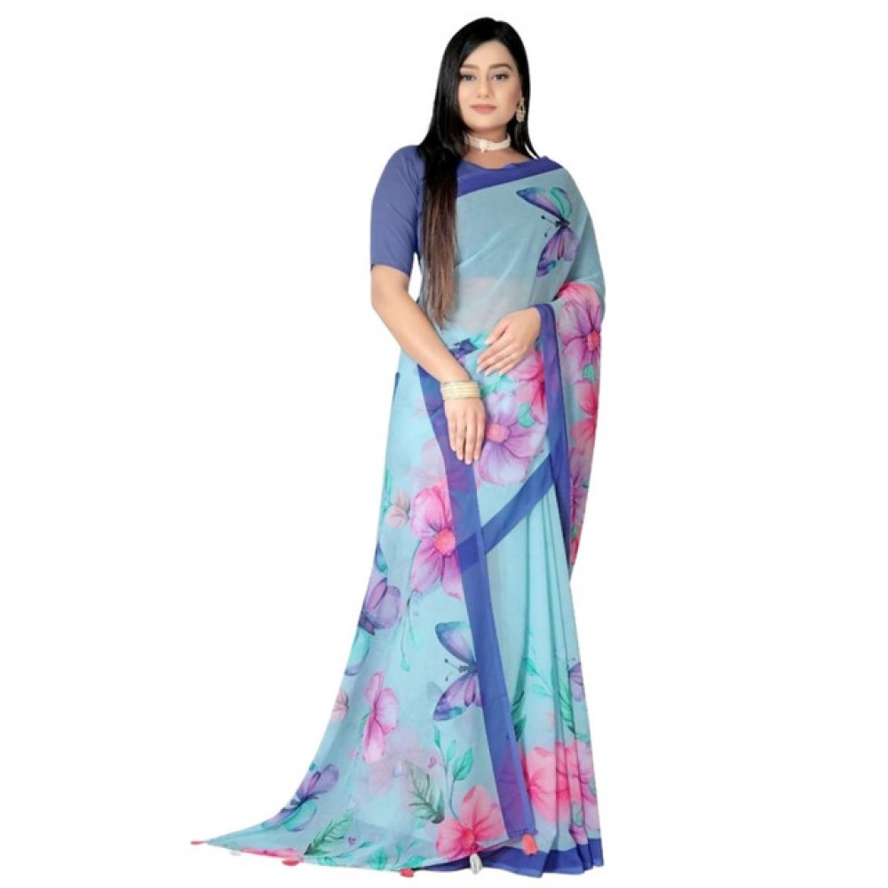 Women's Georgette Floral Printed Saree With Unstitched Blouse 5.5Mtr (Blue)