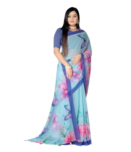 Generic Women's Georgette Floral Printed Saree With Unstitched Blouse 5.5Mtr (Blue)