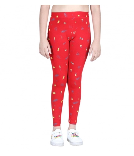 Generic Girl's Cotton Lycra Printed Elasticated Leggings (Red)