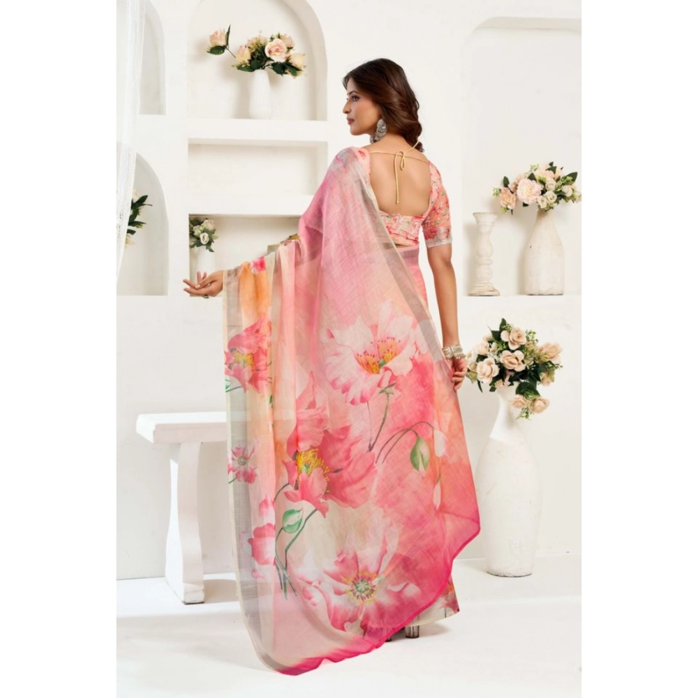 Generic Women's Linen Cotton Printed Ready To Wear Saree With Unstitched Blouse 5.5 Mtr (Light_Peach)