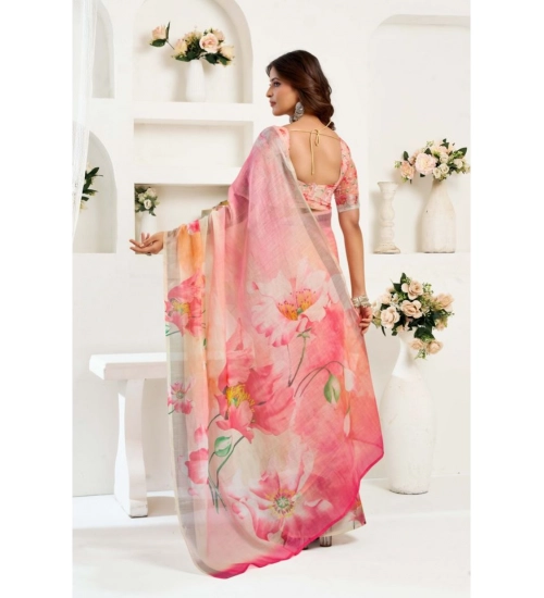 Generic Women's Linen Cotton Printed Ready To Wear Saree With Unstitched Blouse 5.5 Mtr (Light_Peach)