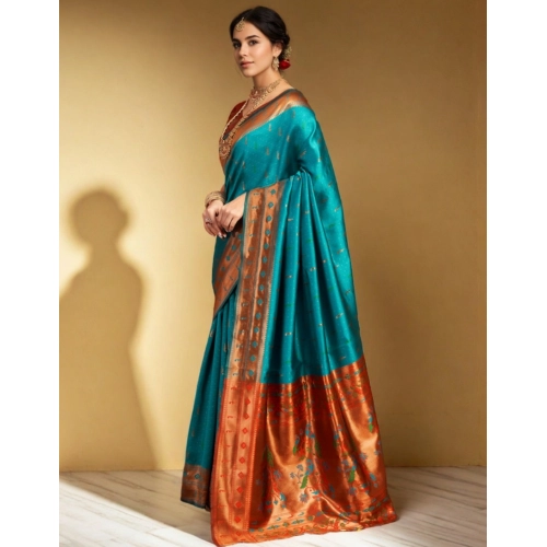 Women's Silk Blend Zari Woven Saree With Unstitched Blouse 5.5Mtr (Rama)