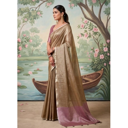 Generic Women's Tissue Silk Solid Saree With Unstitched Blouse 5.5Mtr (Brown)