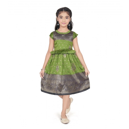 Generic Girl's Brocket Printed Short Sleeve Round Neck Dress (Green)