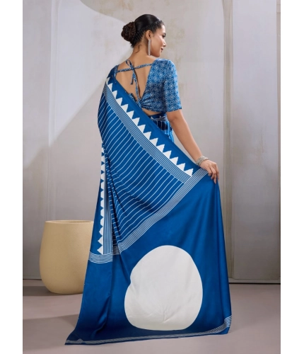 Generic Women's Satin Crepe Printed Saree With Unstitched Blouse 5.5Mtr (Blue)