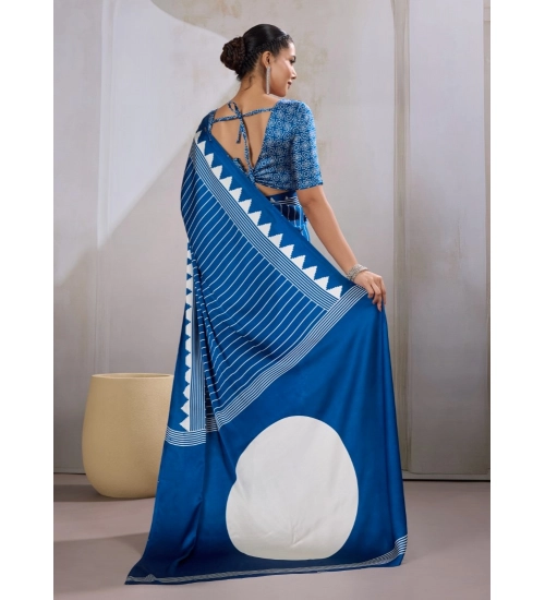 Generic Women's Satin Crepe Printed Saree With Unstitched Blouse 5.5Mtr (Blue)