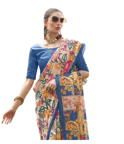 Generic Women's Faux_Tussar Kalamkari_Print Saree With Unstitched Blouse 5.5Mtr (Blue)