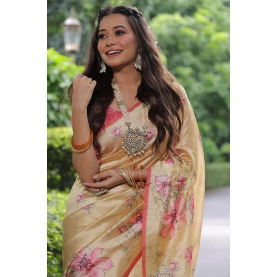 Generic Women's Faux_Tussar Floral_Print Saree With Unstitched Blouse 5.5Mtr (Cream) Generic Women's Faux_Tussar Floral_Print Saree With Unstitched Blouse 5.5Mtr (Cream)