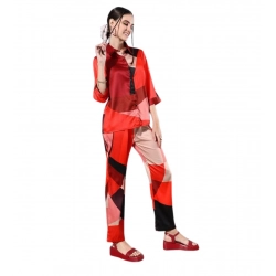Generic Women's Satin Colour Block Long Sleeves Co-Ord Set (Multicolor)