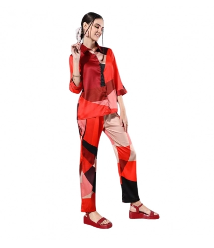 Generic Women's Satin Colour Block Long Sleeves Co-Ord Set (Multicolor)