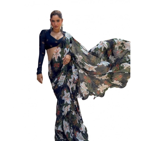 Generic Women's Georgette Floral Printed Saree With Unstitched Blouse 5.5Mtr (Black)