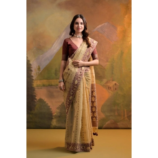 Generic Women's Blended_Cotton Woven Saree With Unstitched Blouse 5.5Mtr (Light_Beige)