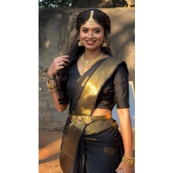 Generic Women's Soft Litchi Silk Jacquard Work Saree With Unstitched Blouse 5.5Mtr (Black)