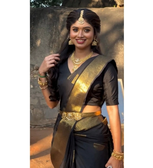 Generic Women's Soft Litchi Silk Jacquard Work Saree With Unstitched Blouse 5.5Mtr (Black)