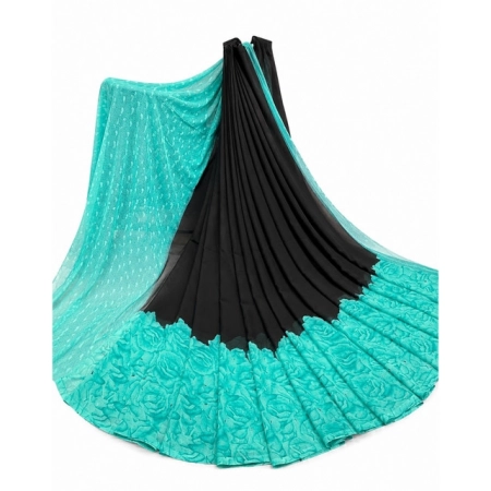 Generic Women's Georgette Printed Saree With Unstitched Blouse 5.5Mtr (Black-Turquoise)