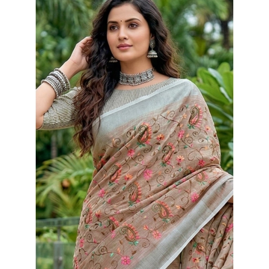 Generic Women's Linen Floral Embroidered Saree With Unstitched Blouse 5.5Mtr (Brown) Generic Women's Linen Floral Embroidered Saree With Unstitched Blouse 5.5Mtr (Brown)