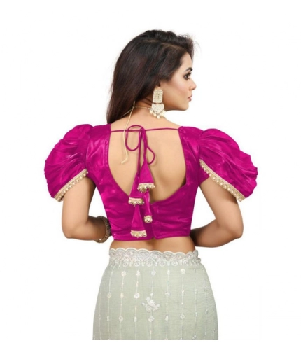 Generic Women's Jimmy Solid V Neck Puff Sleeve Readymade Blouse (Pink 38 , Alterable up to 42)-PID65842
