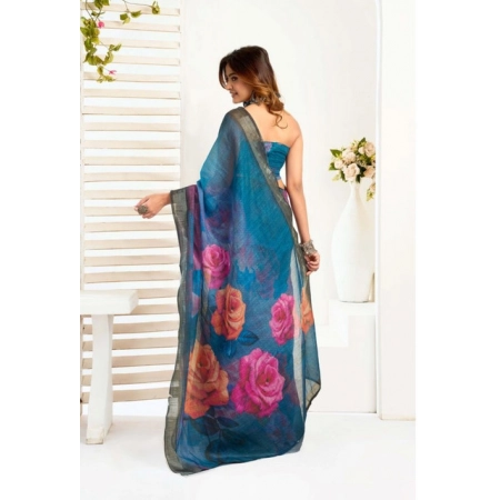 Generic Women's Faux_Linen Printed Ready-to-Wear Saree With Unstitched Blouse 5.5 Mtr (Teal)