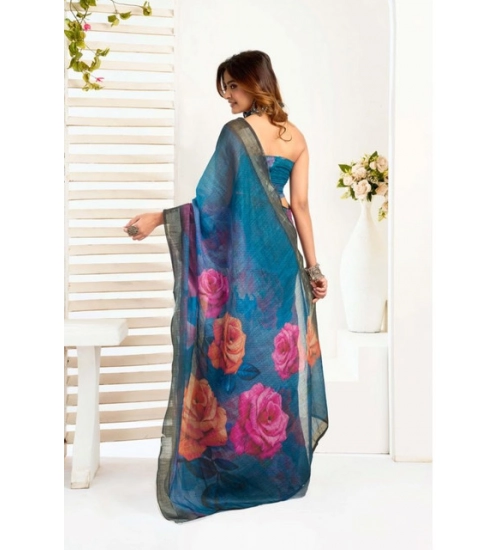 Generic Women's Faux_Linen Printed Ready-to-Wear Saree With Unstitched Blouse 5.5 Mtr (Teal) Generic Women's Faux_Linen Printed Ready-to-Wear Saree With Unstitched Blouse 5.5 Mtr (Teal)