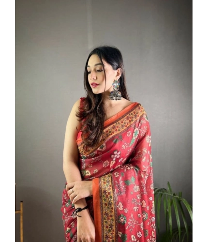 Generic Women's Linen Printed Saree With Unstitched Blouse 5.5Mtr (Red)