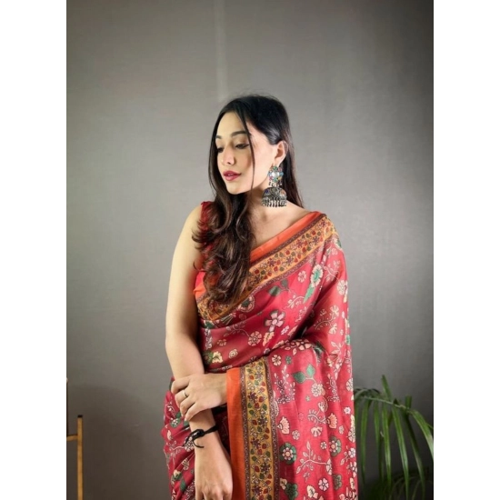 Generic Women's Linen Printed Saree With Unstitched Blouse 5.5Mtr (Red)