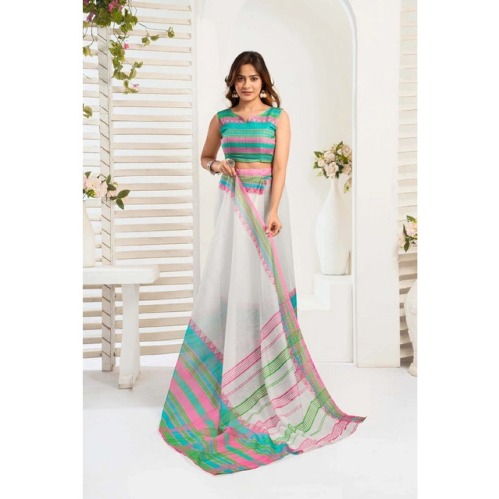 Generic Women's Faux_Linen Printed Ready-to-Wear Saree With Unstitched Blouse 5.5 Mtr (White)