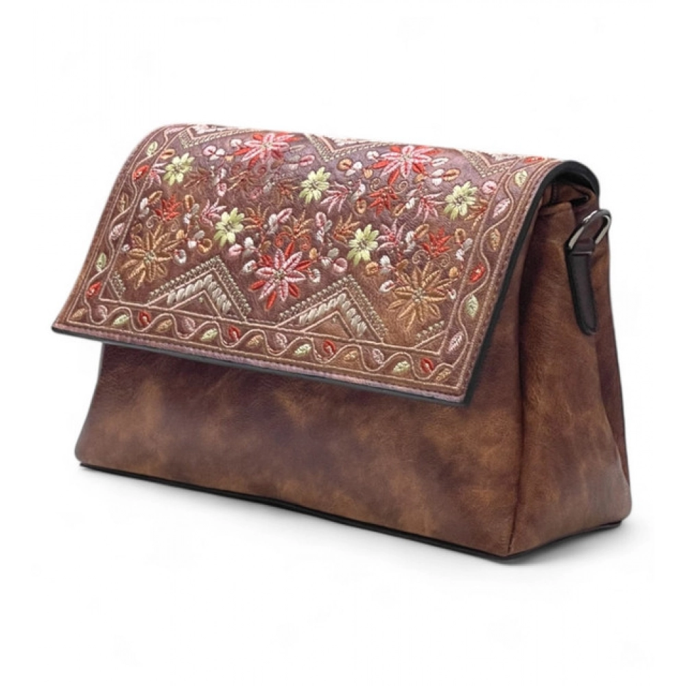 Generic Women's Polyurethane Floral Embroidered Crossbody Sling Bag with Adjustable & Removable Strap (Dark Brown)
