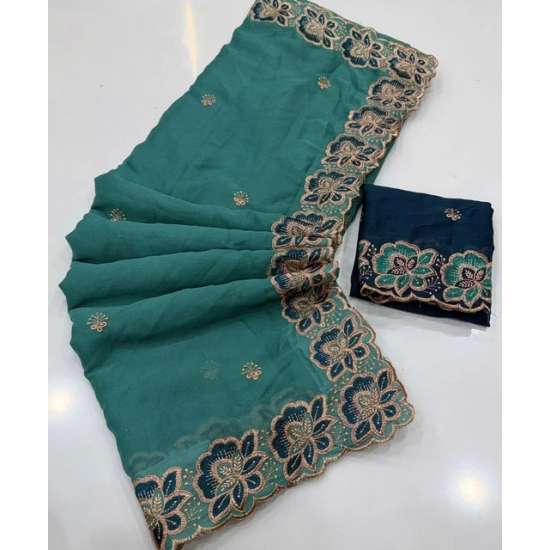 Generic Women's Star Georgette Embroidered Saree With Unstitched Blouse 5.5Mtr (Sea Green)