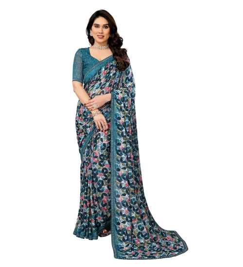 Generic Women's Georgette Printed Saree With Unstitched Blouse 5.5Mtr (Sky Blue)