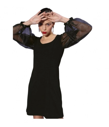 Generic Women's Organza And Polyester Lycra Solid Long Sleeves Dress (Black)