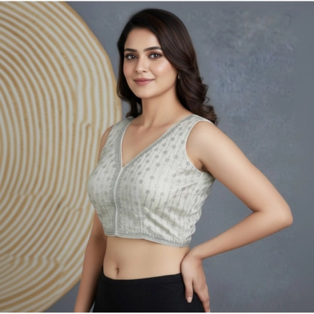 Generic Women's Silk Blend Embroidered V-Neck Non Padded Blouse (White 38 Ready (Alterable up to 42)