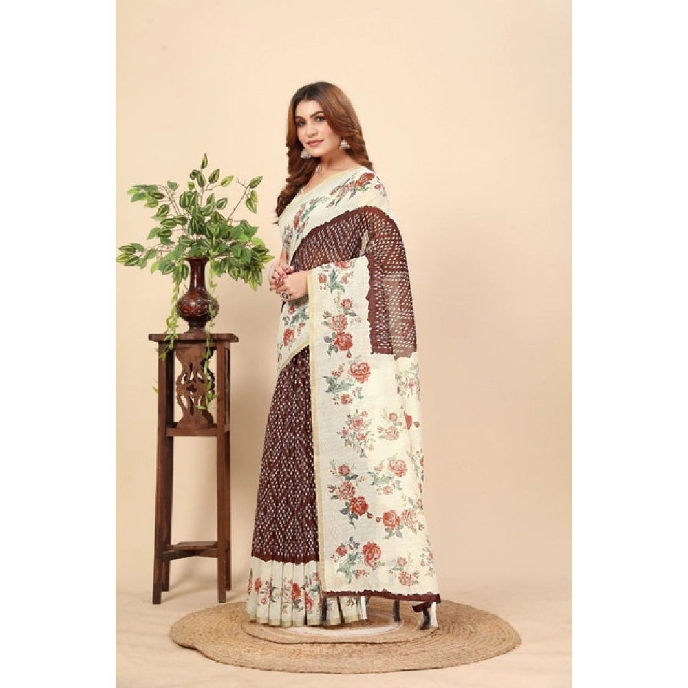 Women's Chanderi Floral Printed Saree With Unstitched Blouse 5.5Mtr (Maroon)